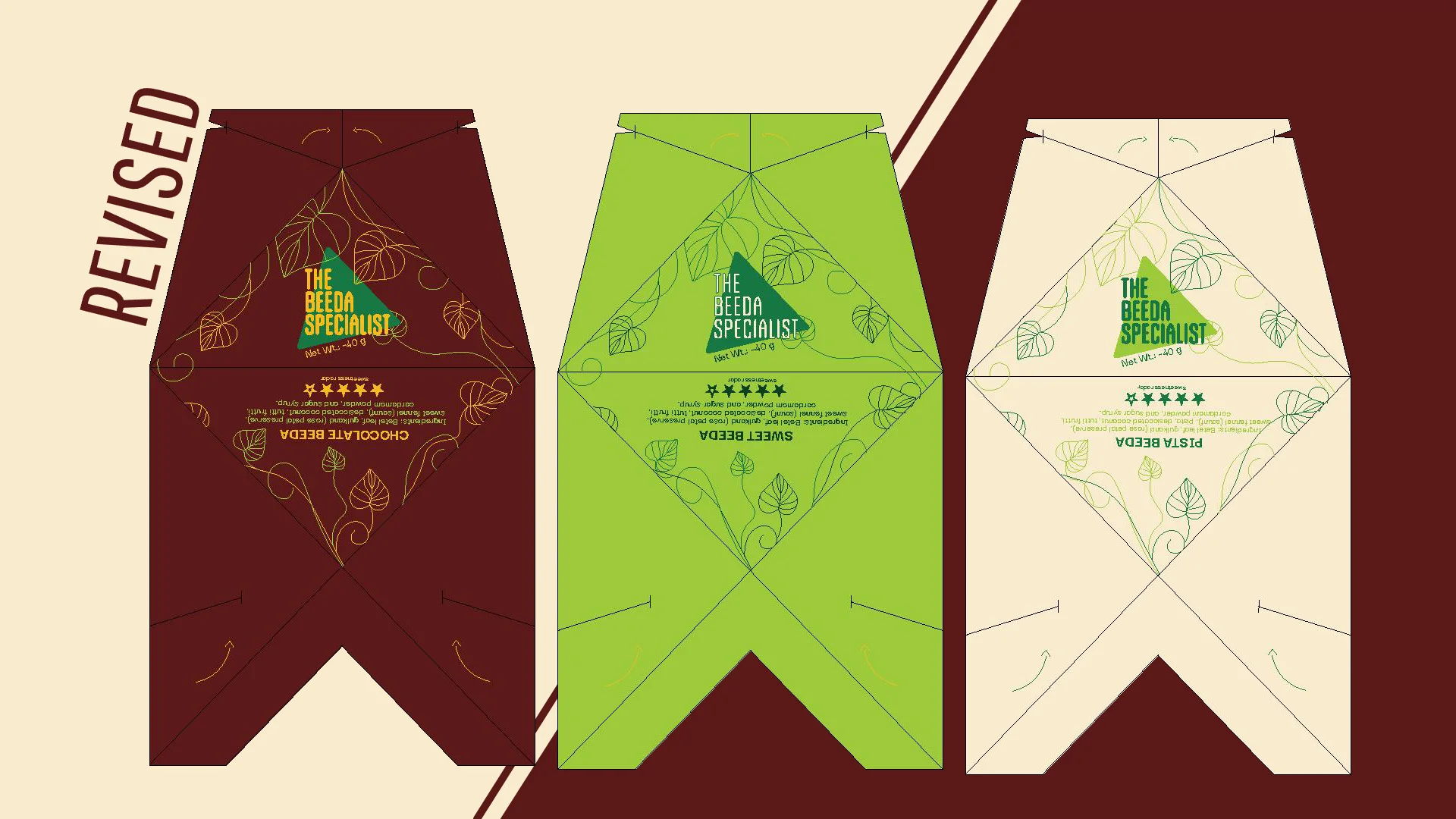 Revised print artwork for the three flavours: maroon Chocolate, lime green Sweet and cream Pista, each with vine line-art and the logo