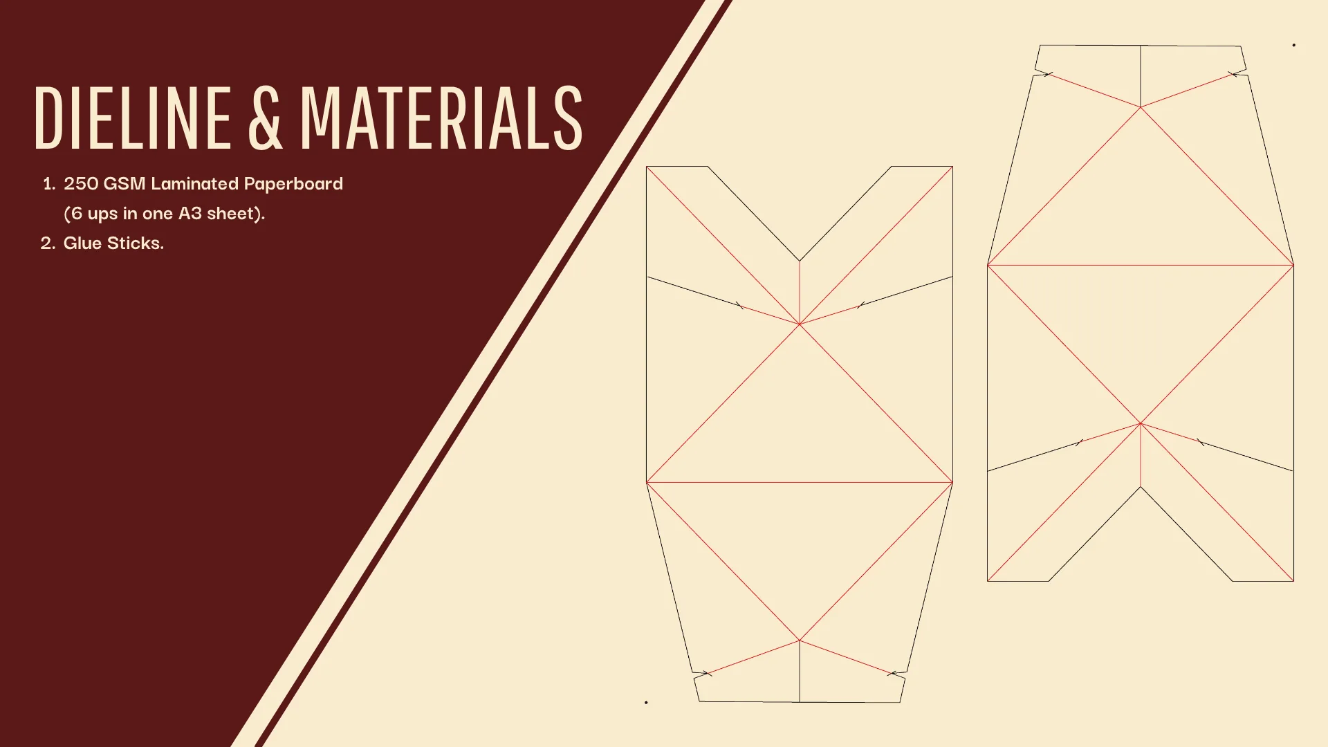 The pack's dieline, with cut lines in black and fold lines in red