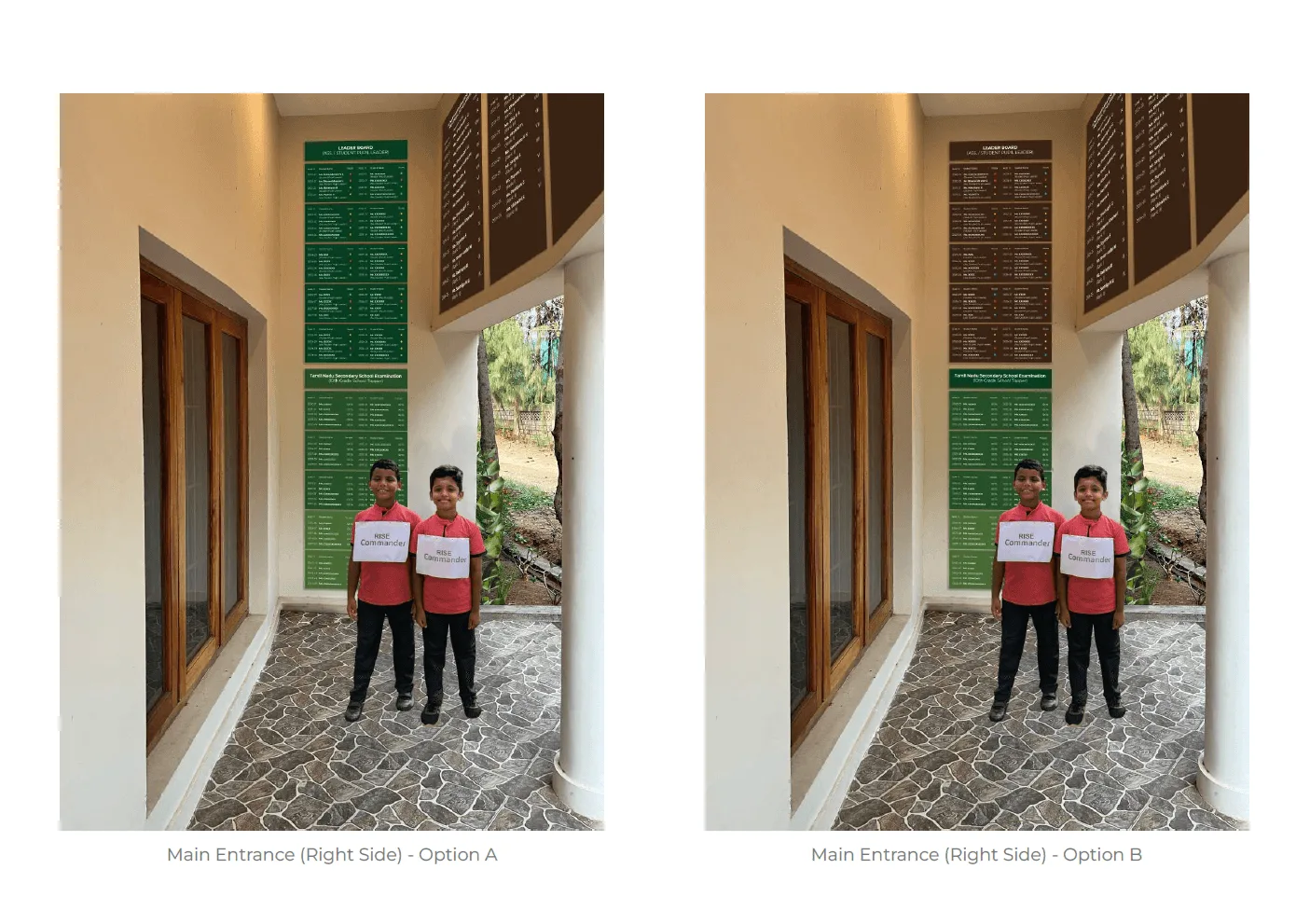 Mock-up of the leader and topper boards on the right side of the entrance, with two students standing below