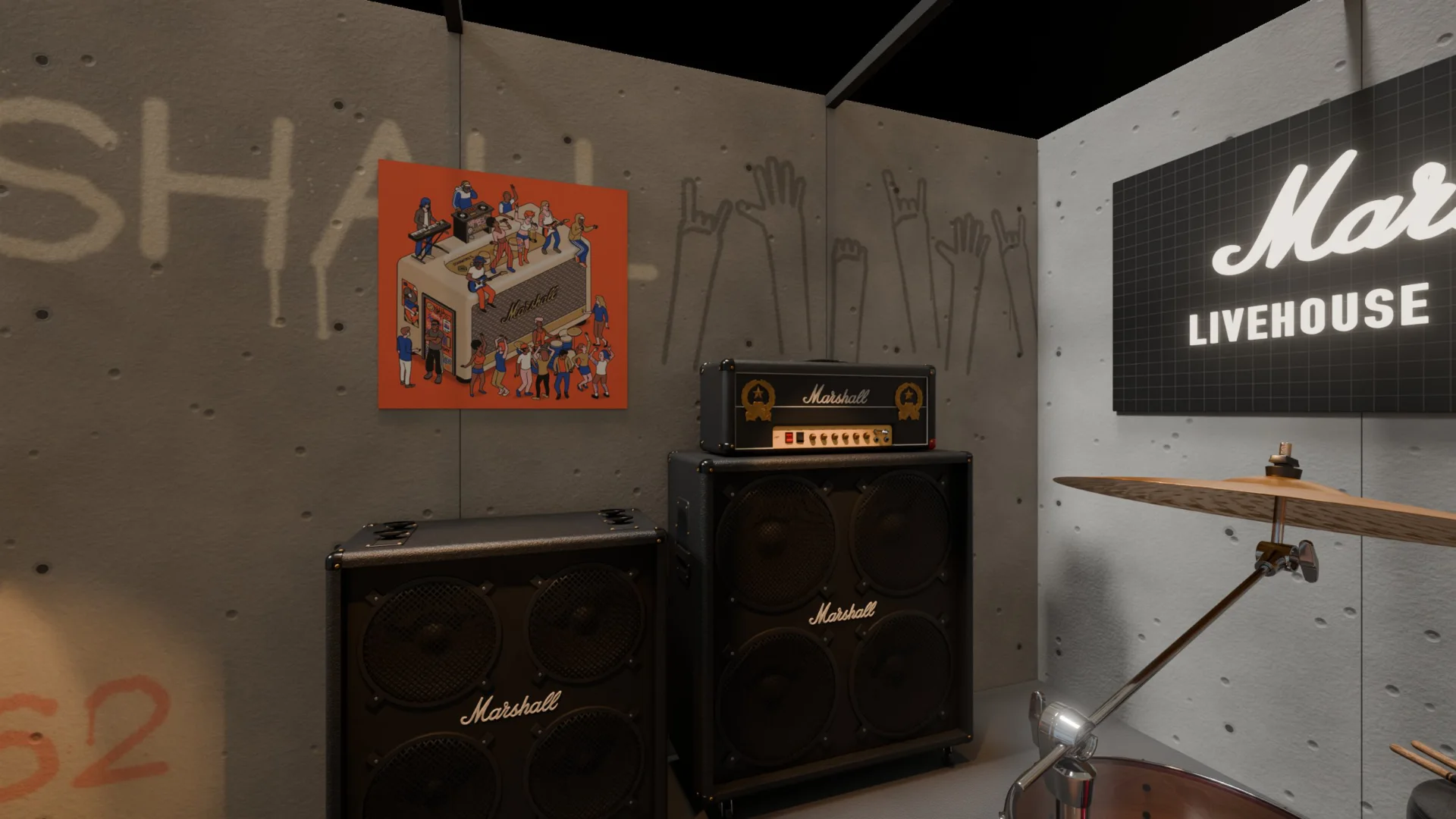 Marshall amp stacks and the crowd-poster under the crowd-hands graffiti, the lit sign beside them