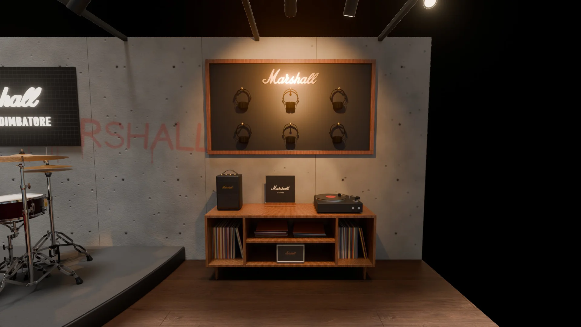 The headphone wall: six headphones on brass pegs on a walnut and tolex panel, over the walnut vinyl console