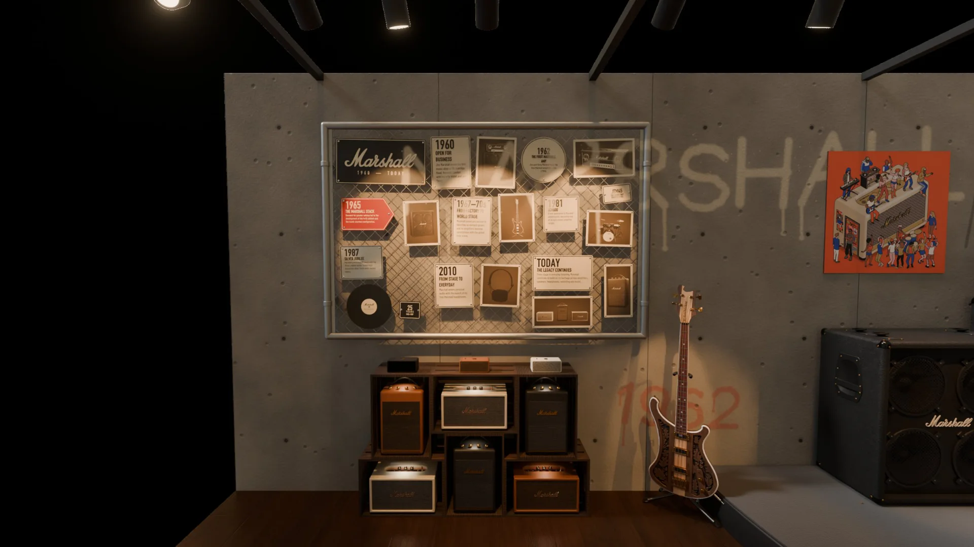 The history wall: licence-plate cards from 1960 to today on a chain-link rack over speakers in crates, a bass beside it