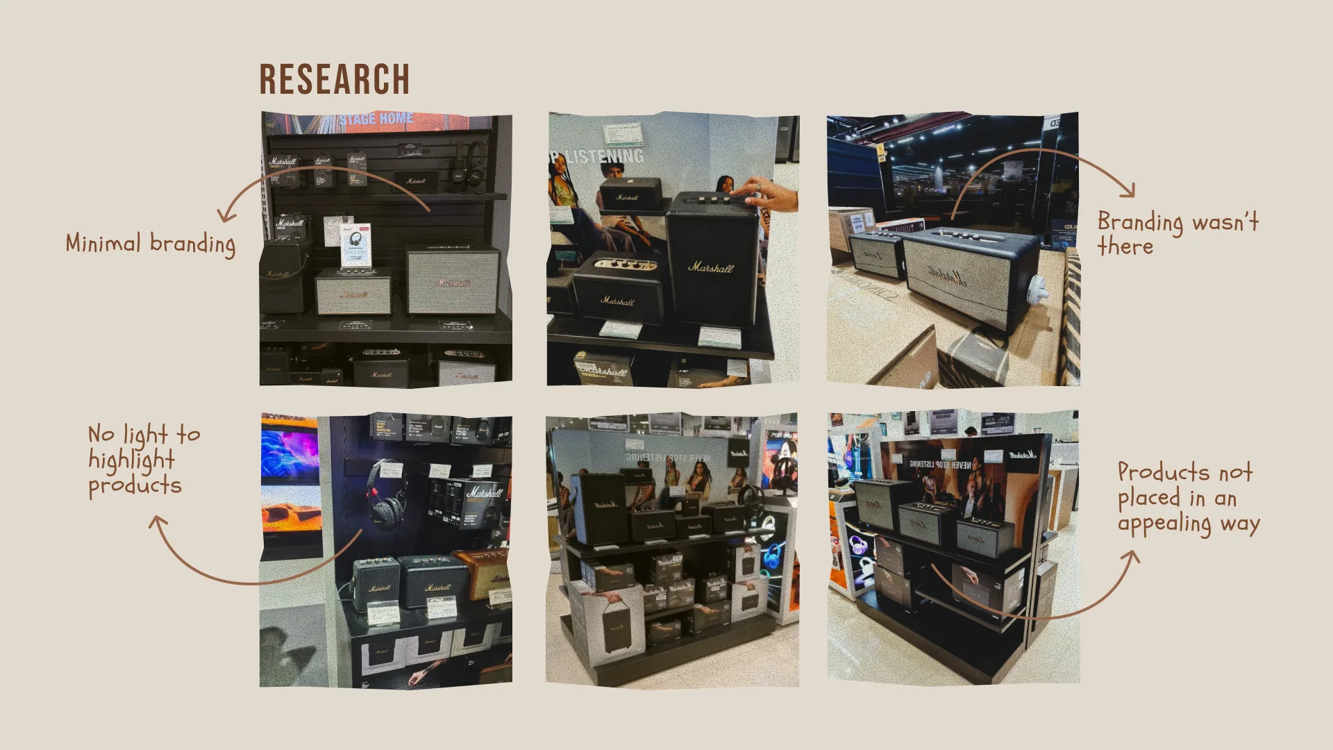 Six photos of Marshall speakers and headphones on store shelves, annotated: minimal branding, branding wasn't there, no light to highlight products, products not placed in an appealing way