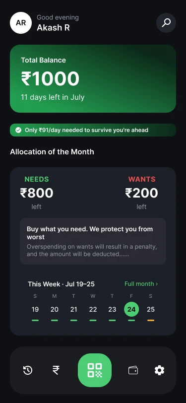 The same home screen in the green healthy state: 1,000 rupees left, with a note that you're ahead of what you need per day