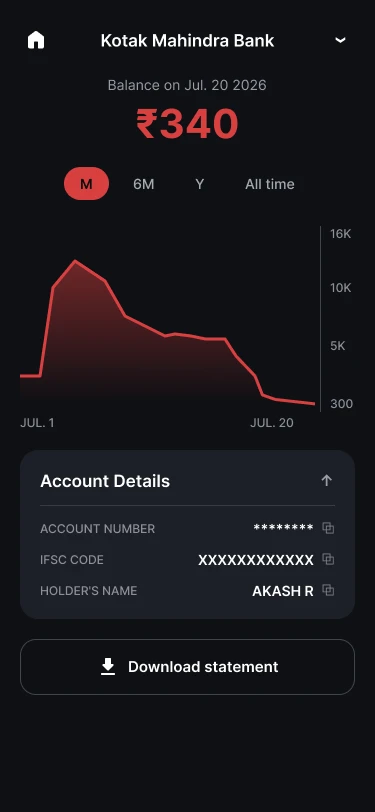 Account screen in red: the balance chart falling to 340 rupees