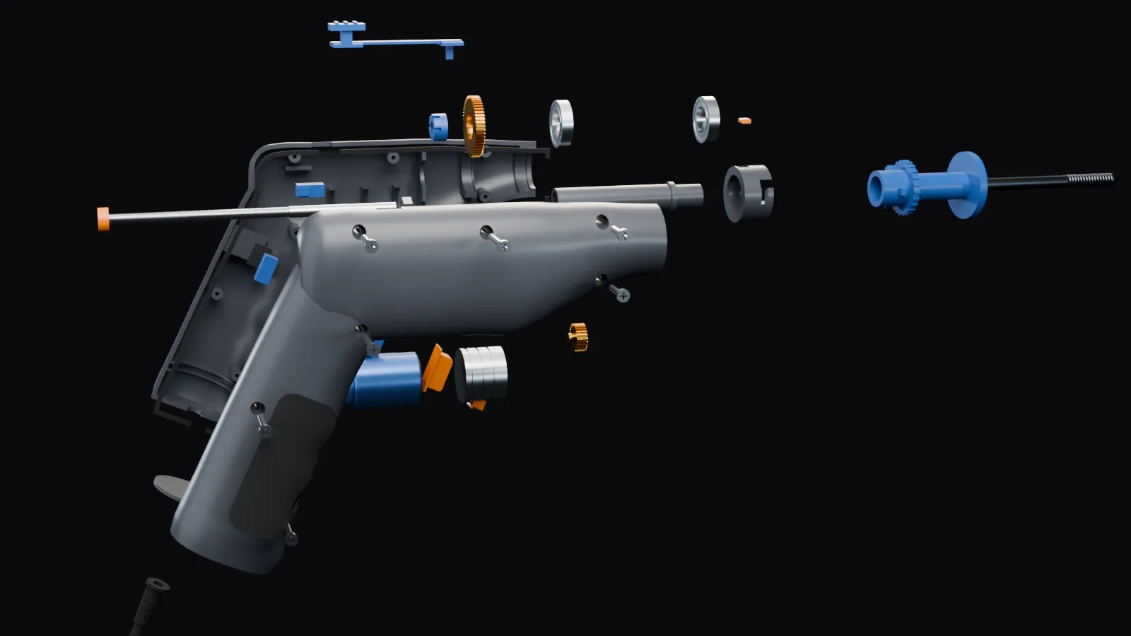 Exploded view: the two shell halves, the motor, gears, spindle, lead screw, collar, switches and the drill cartridge spread apart