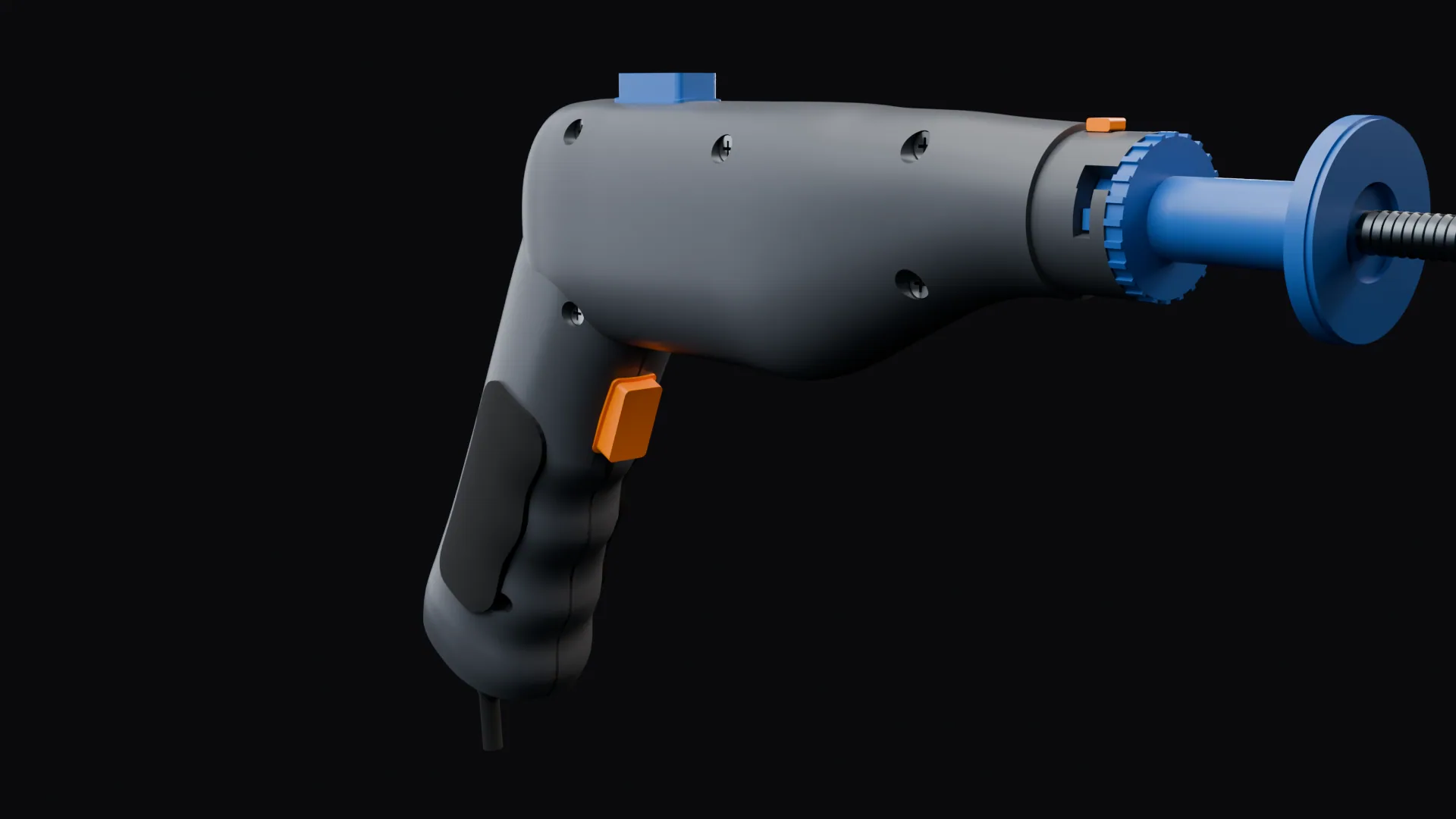 Front three-quarter render of ReamPlug: the blue drill cartridge and reamer facing the camera, the grip behind