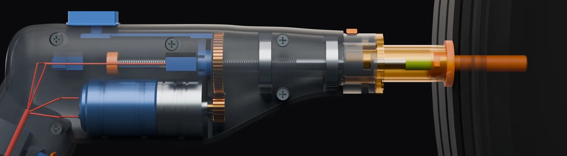 X-ray render in plug mode, mid-push: the motor under the spindle, the brass gears, the lead screw driving the plug through the orange nozzle into the tyre